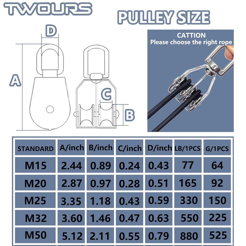 Twours Pulley 304 Stainless Steel Double Pulley Block M32 Small Heavy Duty Swivel Bearing Pulley System for Rigging, Lifting, Cargo Transportation,Gym Equipment (SHL-M32 2PCS) - Image 2